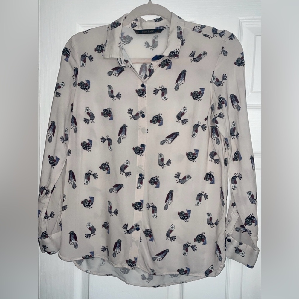 Zara Basics White Bird Print Blouse S